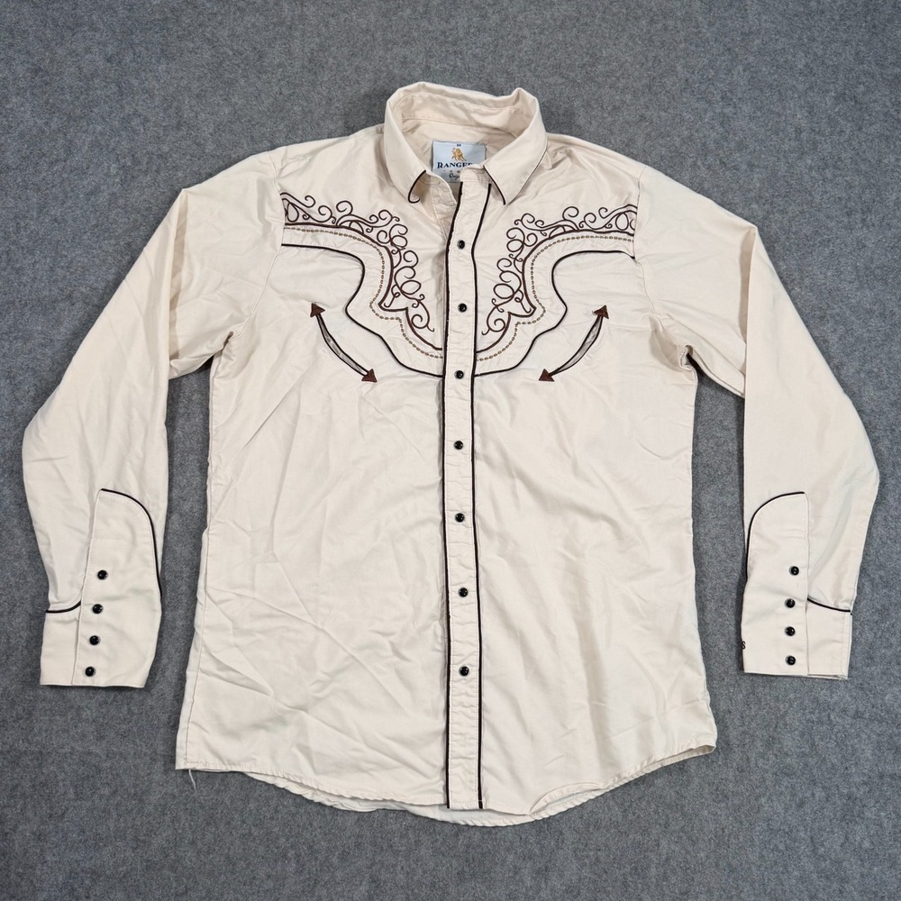 Rangers Cream Brown Charro Pearl Snap Button Down‎ Shirt Men's Size Medium